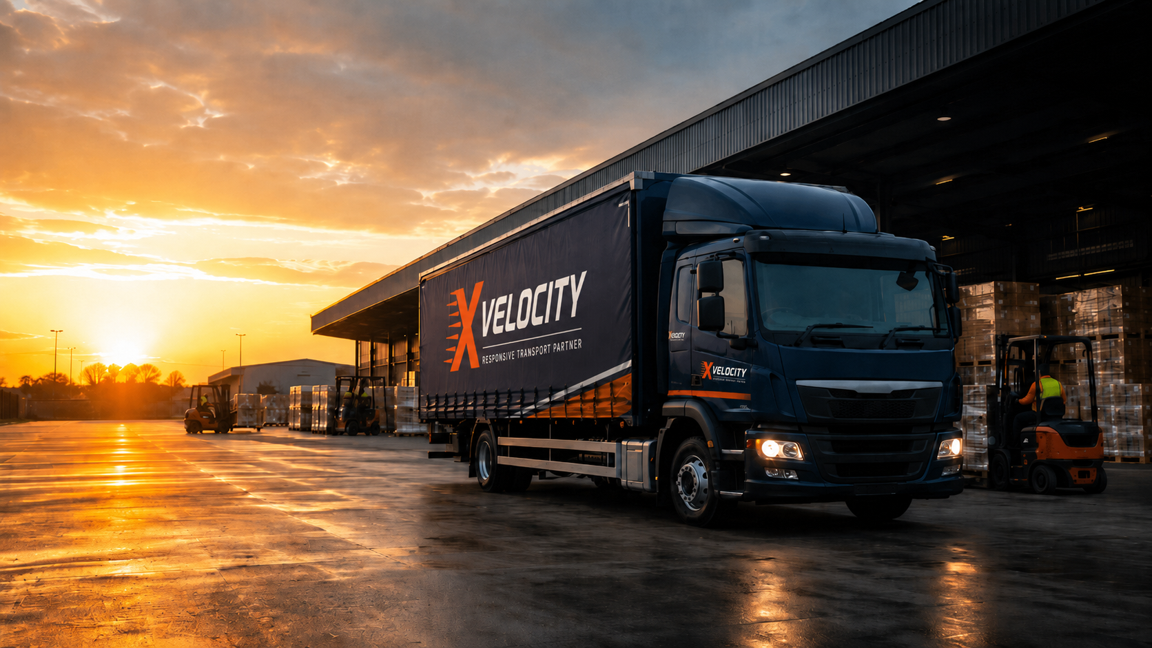 Xvelocity branded transport truck at an industrial logistics yard