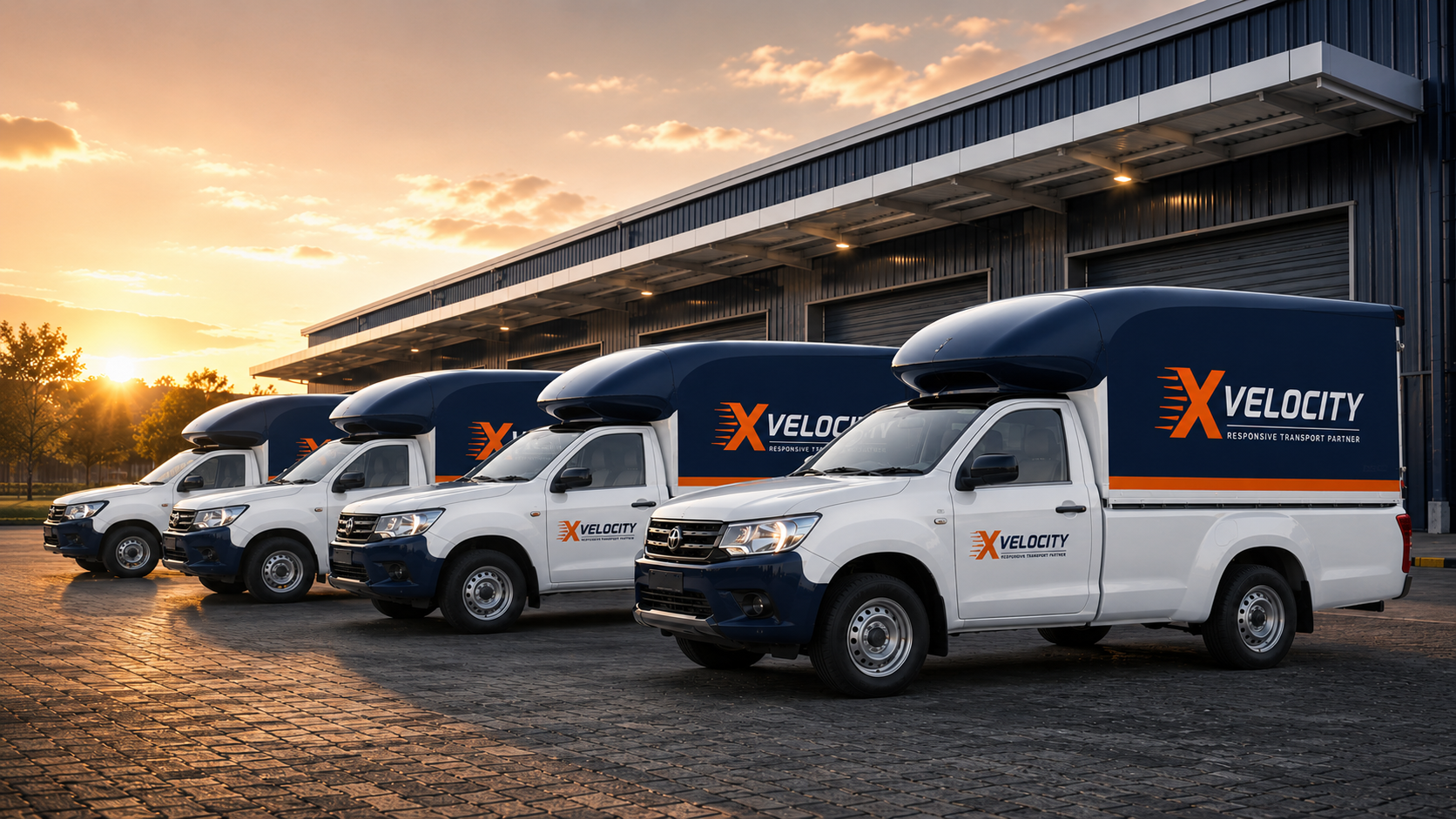 Xvelocity branded last mile delivery fleet at warehouse