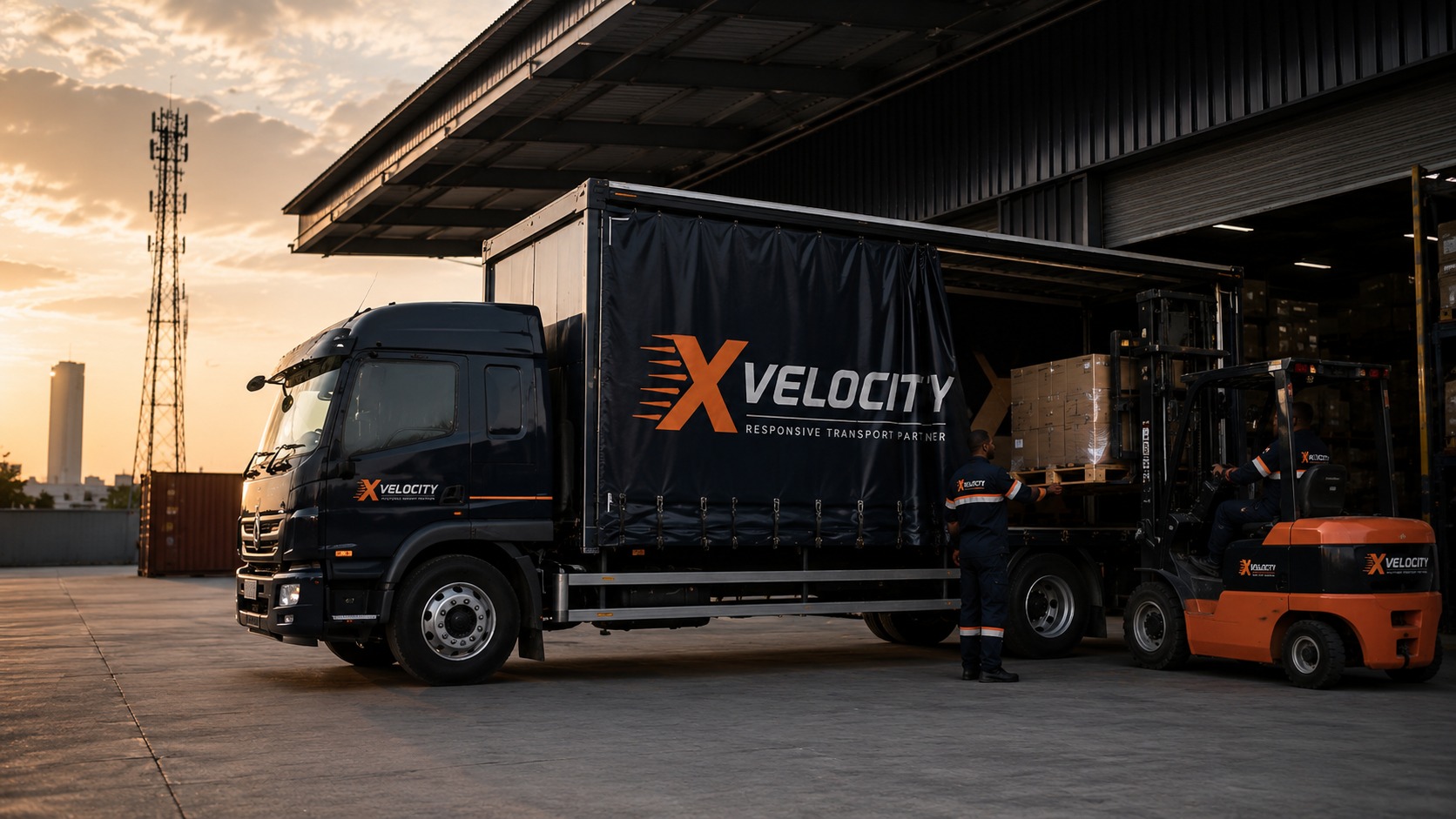 Warehouse loading dock with Xvelocity transport truck